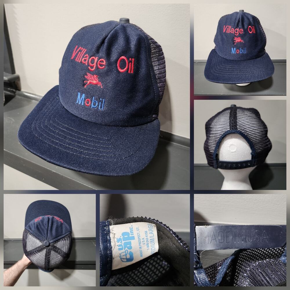 VTG 80s Village Oil‎ Mobil Gas Pegasus 1980s Snapback Mesh Trucker Hat Cap USA